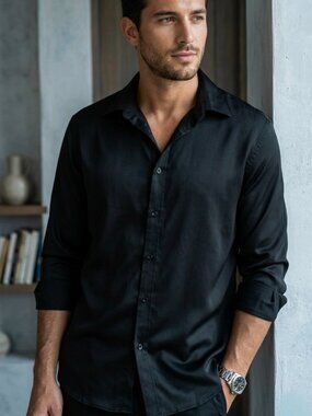 FLEX Men's Luxury Collection Black Satin Button Down Shirt Design in Italy XL